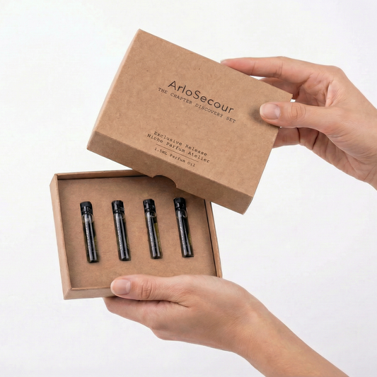 ArloSecour perfume set with four black bottles in a cardboard box held by hands on a white background
