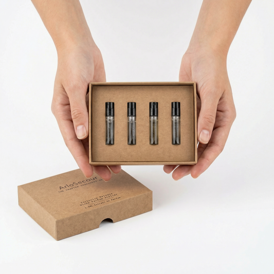 Four small black bottles in a cardboard box held by hands on a white background