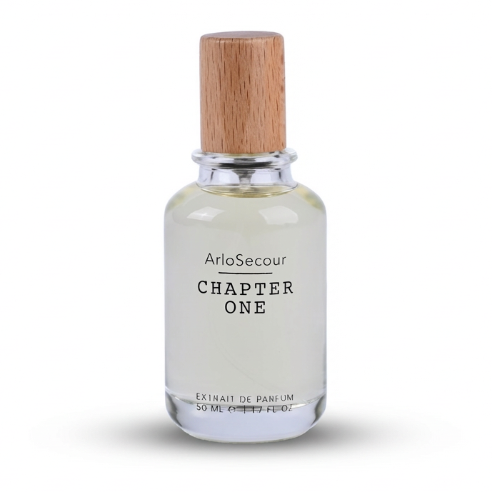 Perfume bottle labeled 'ArlaSecour Chapter One' with a wooden cap on a white background